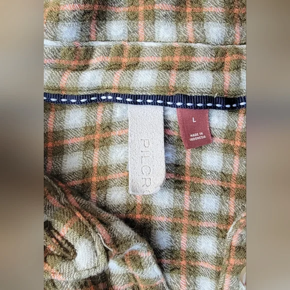 Pilcro Anthtopologie Crinkle Plaid Button-Up Women's L Cream Olive & Pink Flowy - Picture 6 of 12